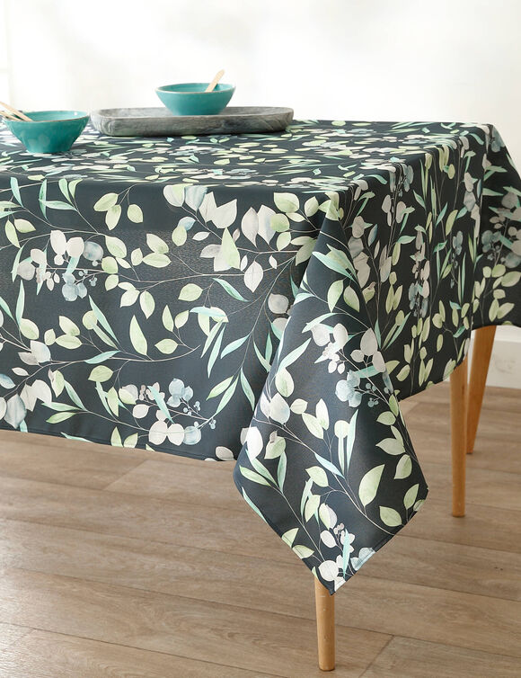 Tafellaken in polyester, met bladerenprint (blauw)