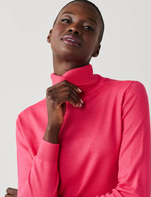 Pull col roul&eacute;, toucher doux (rose fuchsia)