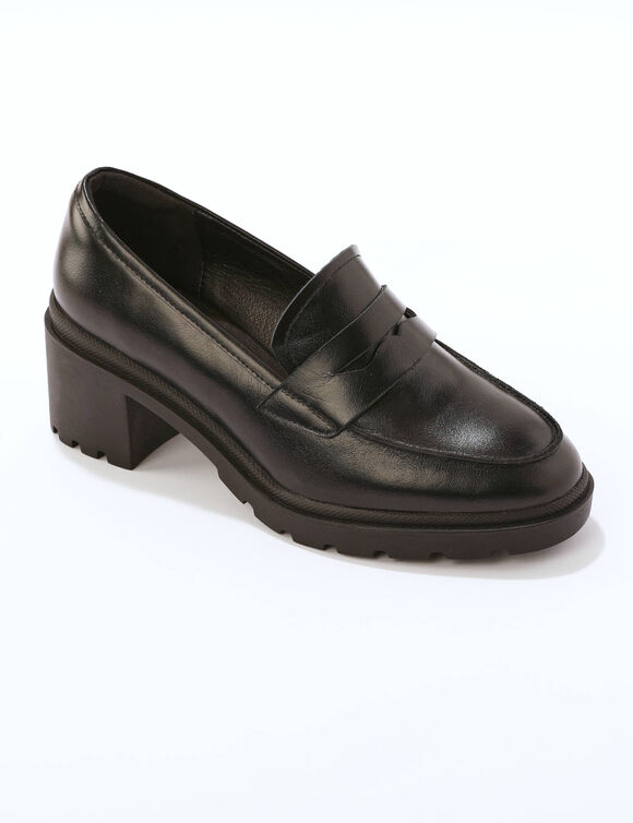 Leren mocassins met hak, gekartelde zool (zwart)
