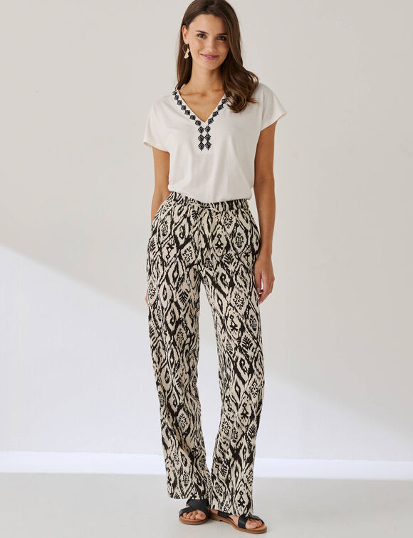 Pantalon fluide imprim&eacute; (&eacute;cru / noir)