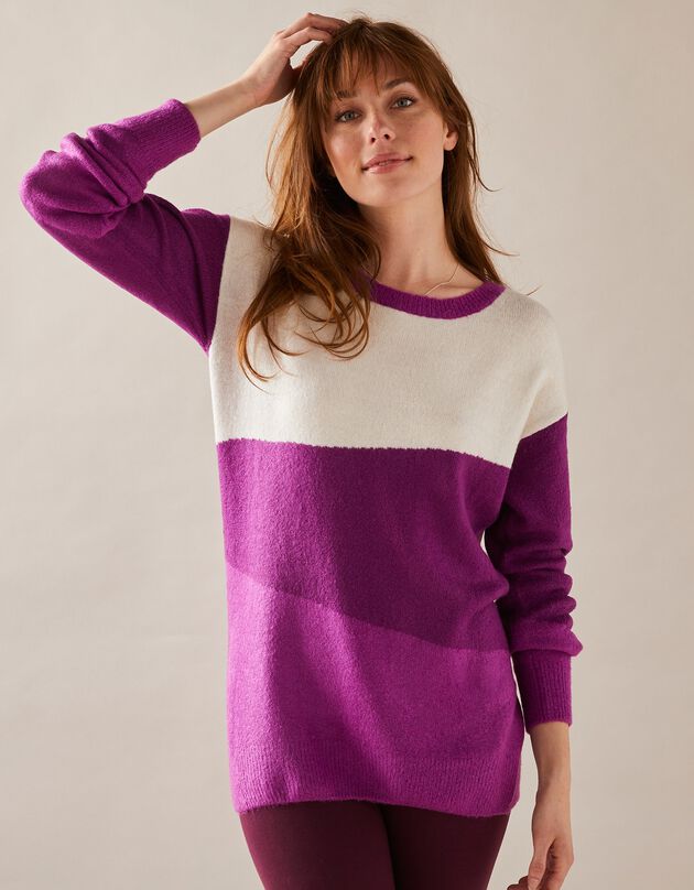 Pull colorblock col rond, toucher mohair (violet)