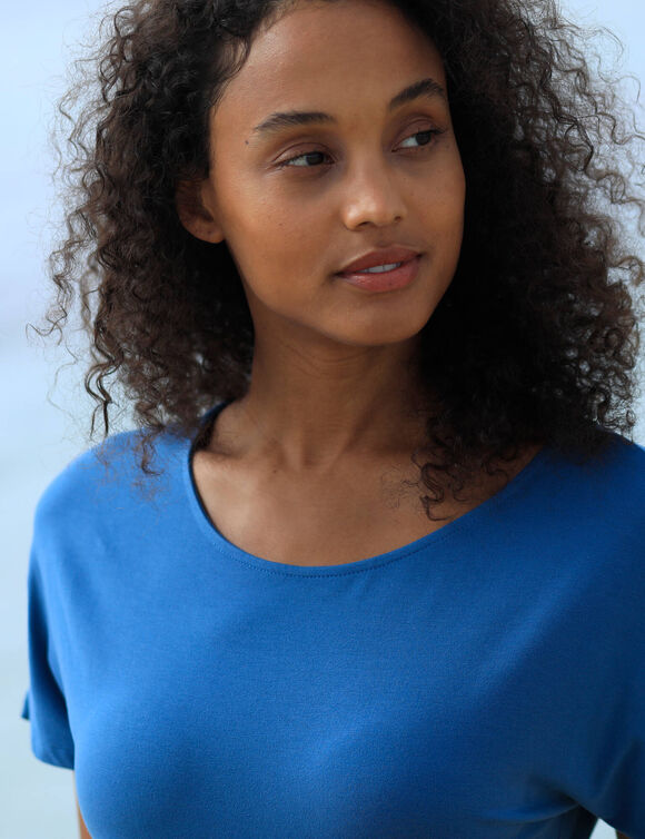 Robe courte unie manches courtes (bleu denim)
