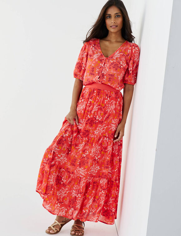 Jupe longue volant&eacute;e imprim&eacute; fleuri, cr&eacute;pon (corail)