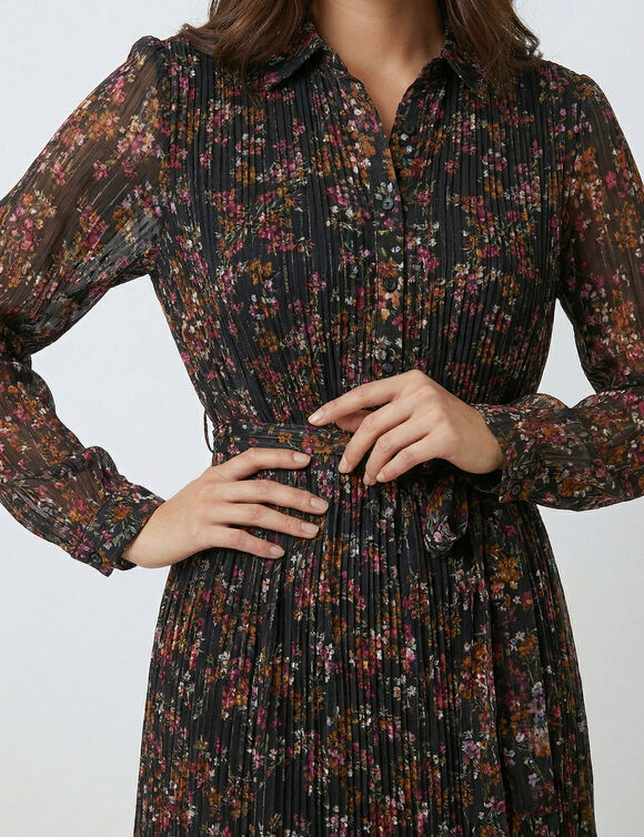 Robe-chemisier longue en voile jacquard imprim&eacute; floral (noir / violine)