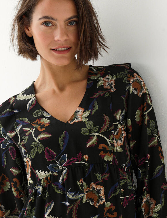 Robe &eacute;vas&eacute;e, cr&ecirc;pe imprim&eacute; (noir / noisette)