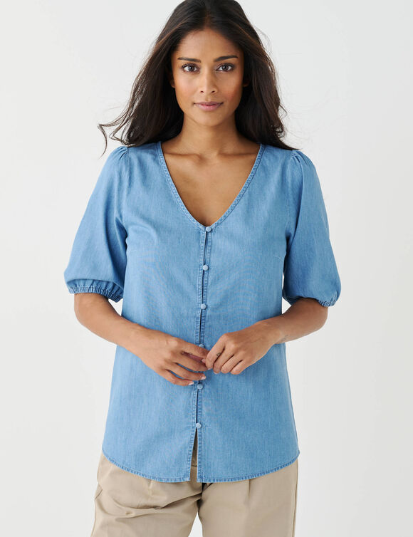 Chemisier boutonn&eacute; en jean l&eacute;ger, manches coudes (bleached)