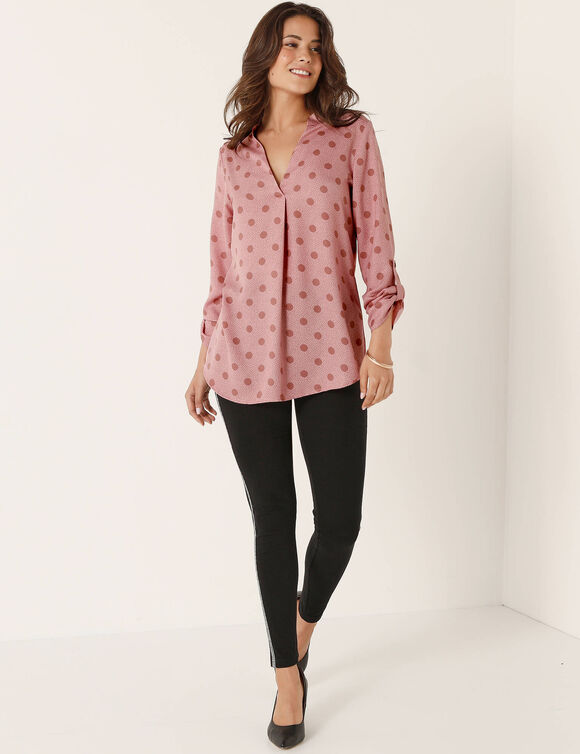 Blouse col tunisien imprimé pois, crêpe (rose poudré / taupe)