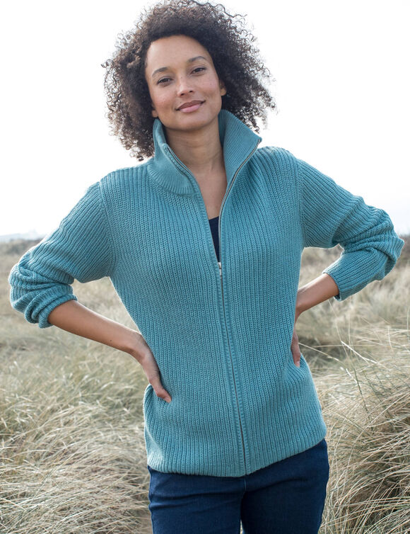 Gilet zipp&eacute; col montant, maille anglaise (c&eacute;ladon grise)
