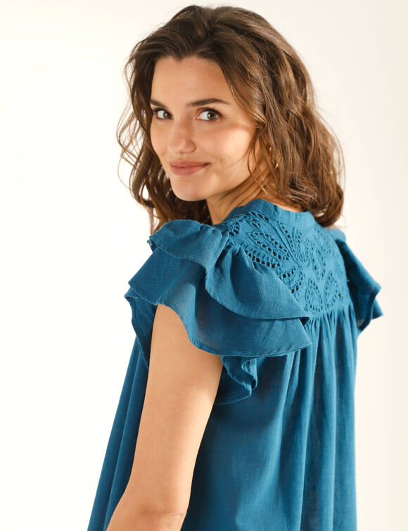 Robe courte, d&eacute;tails broderie anglaise (bleu canard)