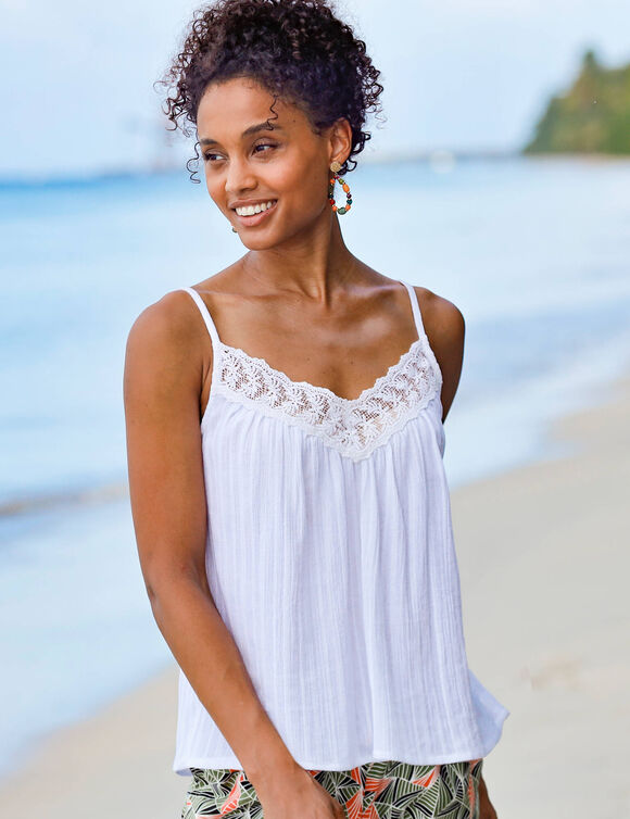 Top macram&eacute; col V, bretelles r&eacute;glables (blanc)