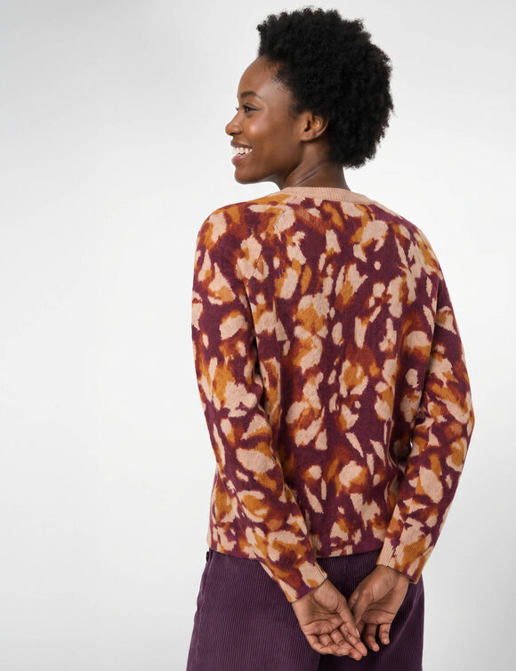 Trui met ronde hals van zacht gebreid materiaal, met bloemprint (pruim / beige)