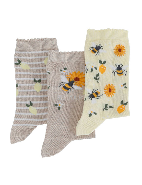 Gestreepte sokken met bijenmotieven - set van 3 paar (beige / geel)