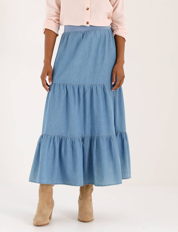 Jupe longue volant&eacute;e, jean l&eacute;ger (bleached)