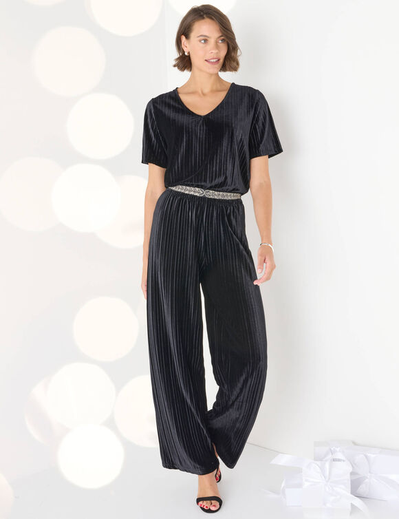 Pantalon large velours reliefé taille élastiquée (noir)