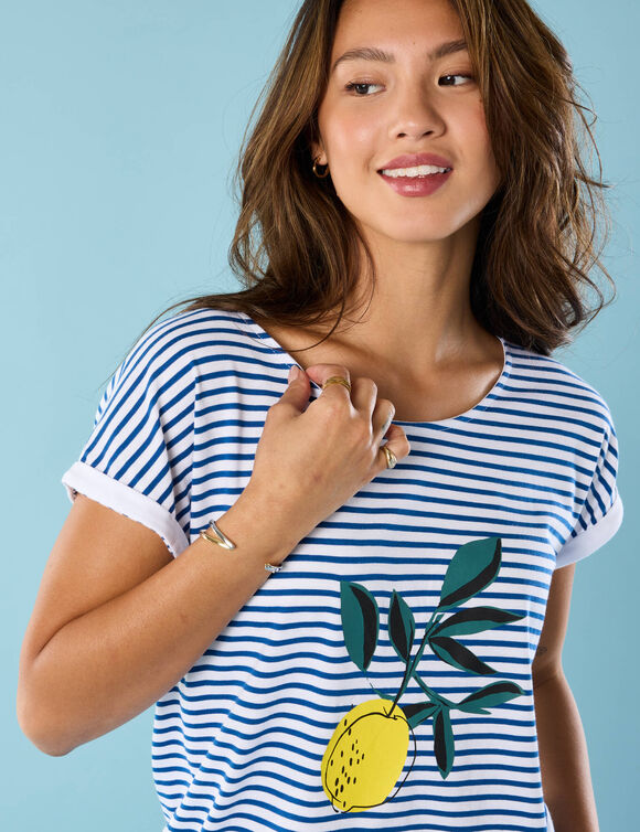 T-shirt manches courtes rayé imprimé placé,  Spécial Petites (blanc / bleu)
