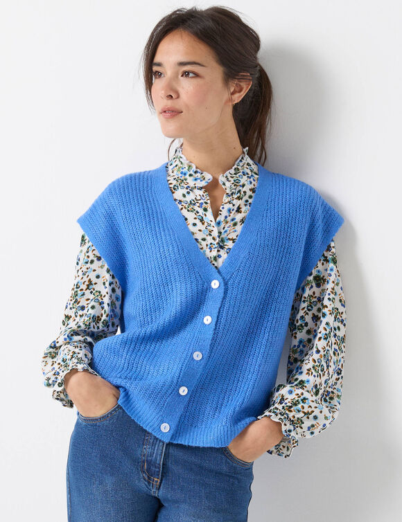 Mouwloos vest met knopen, patenttricot (lavendelblauw)
