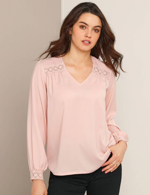 Blouse détails dentelle, crêpe (rose poudré)