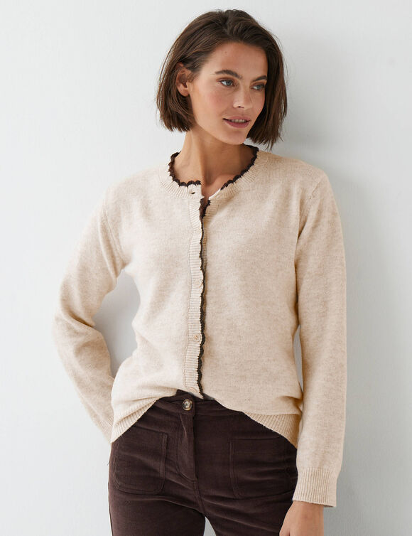 Vest met contrasterende geschulpte randen, verrijkt met wol (beige / chocolade)
