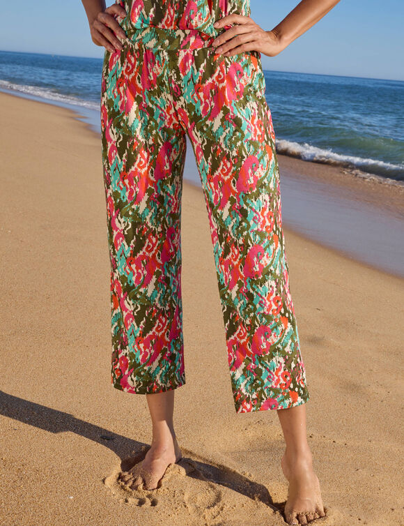 Pantacourt forme boule, imprim&eacute; ethnique (kaki / rose)