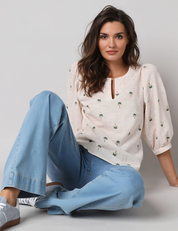 Blouse manches 3/4, broderies palmiers (ecru)