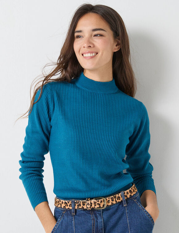 Pull col montant court, maille côtelée (bleu canard)