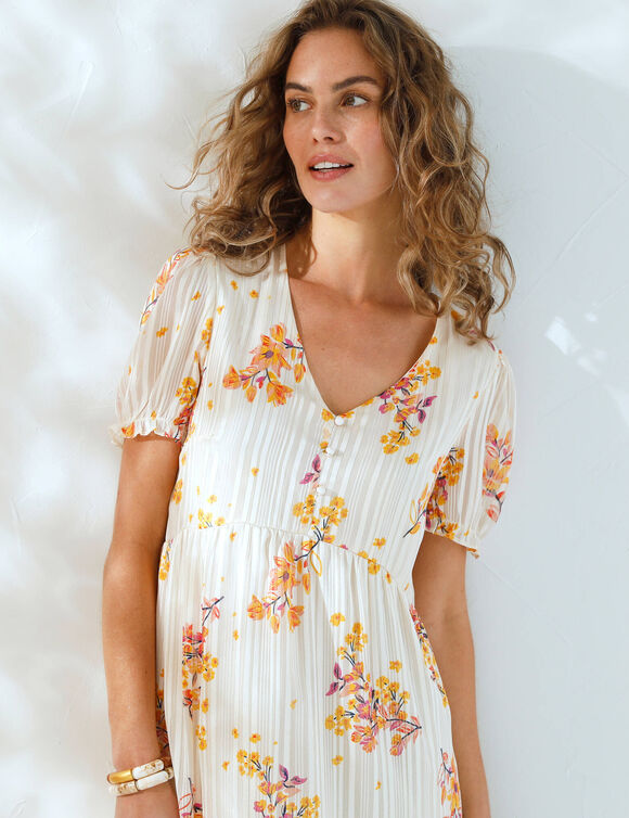 Robe courte imprimé floral, voile fils brillants (écru / rose)