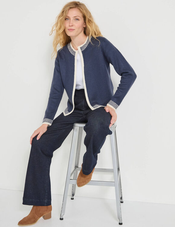 Cardigan bicolore, col rond (marine / ecru)