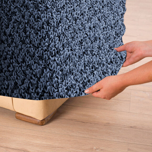 Housse bi-extensible microfibre effet faux uni pour fauteuil et canap&eacute; (bleu)