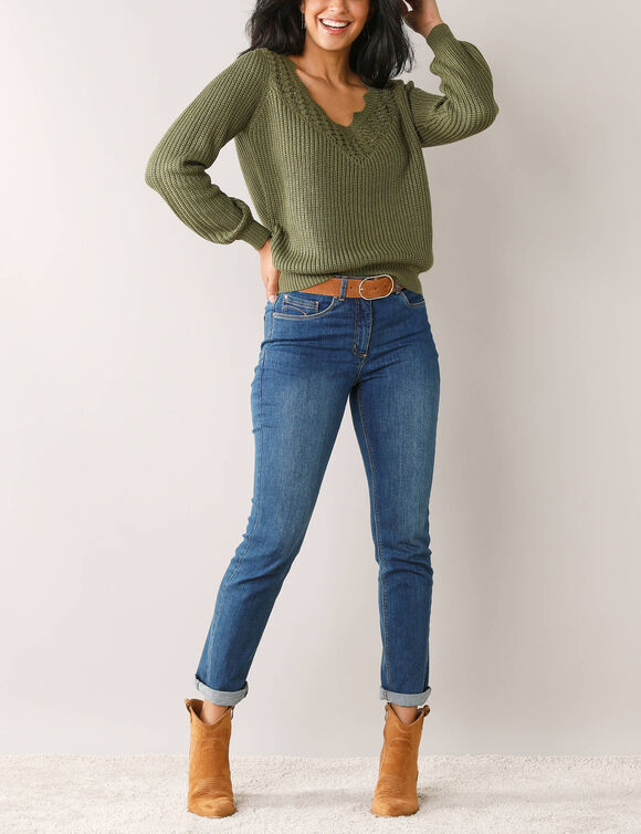 Pull d&eacute;tails ajour&eacute;s, maille perl&eacute;e (kaki)