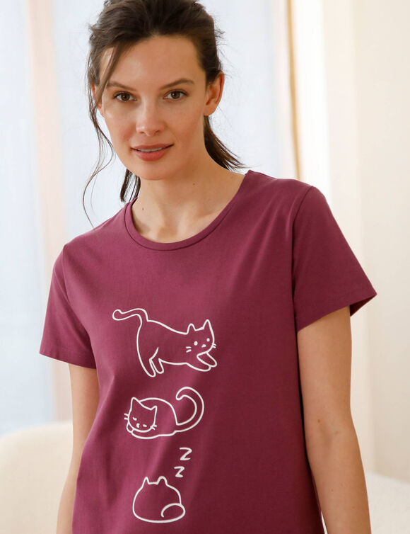 Lange nachthemd met korte mouwen, met kattenprint &ndash; set van 2 (pruim + roze)