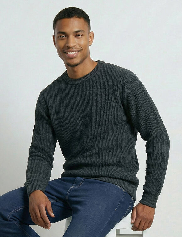 Pull col rond manches marteau c&ocirc;tes anglaises 30% laine (anthracite)