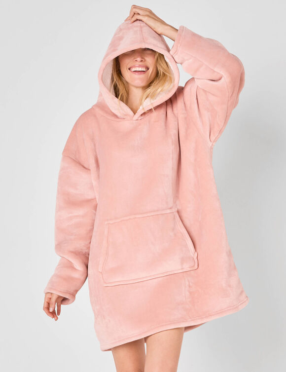 Hoodie-plaid in fleece met kap en sherpavoering (roze)