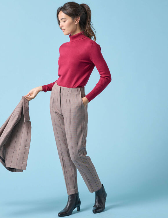 Pantalon cigarette imprimé carreaux, Spécial Petites (chocolat)