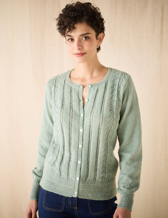 Gilet boutonné col rond, maille fantaisie (vert d'eau)
