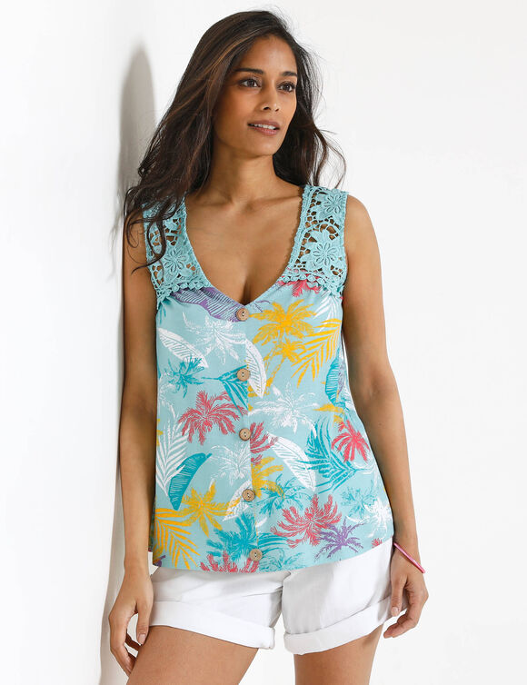 D&eacute;bardeur boutonn&eacute; imprim&eacute;, &eacute;paules macram&eacute; (lagon / rose)