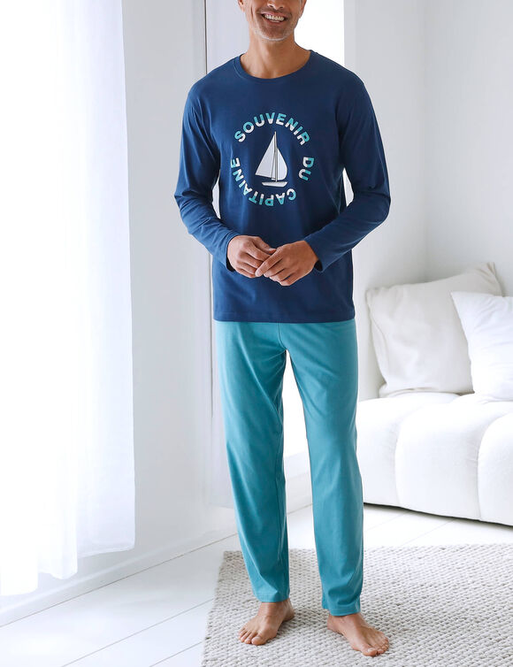 Pyjama-T-shirt met lange mouwen en bootmotief (marine / aqua)