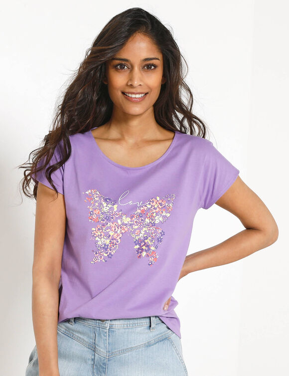 T-shirt manches courtes, imprim&eacute; plac&eacute; "papillon" (parme)