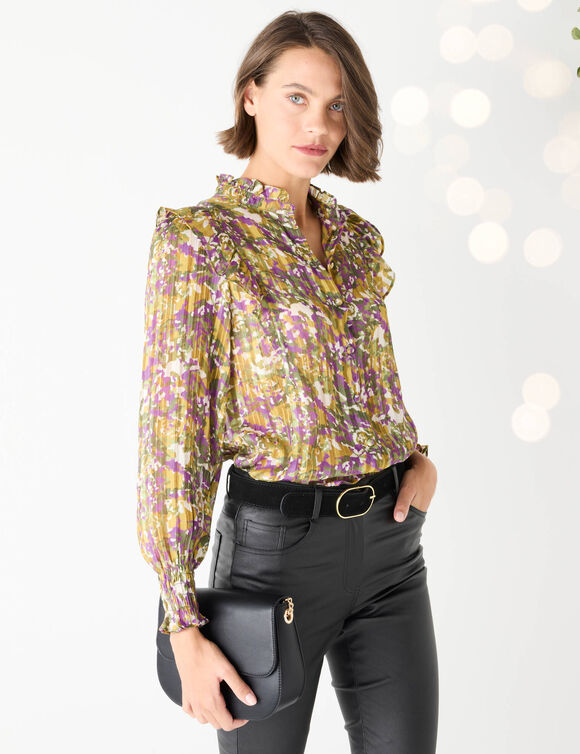 Blouse bedrukt met een kraag met ruches (bronskleur / violine)