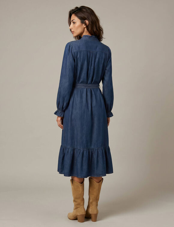 Robe courte boutonn&eacute;e, manches longues blousantes, jean (bleu)