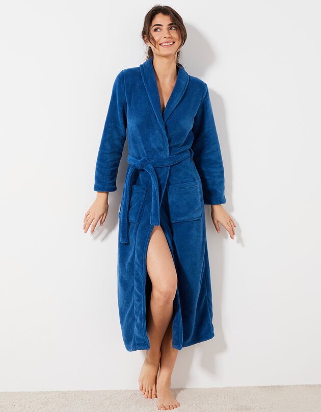 Peignoir in fleece met pluchetouch - 130 cm lang, lange mouwen (blauw)