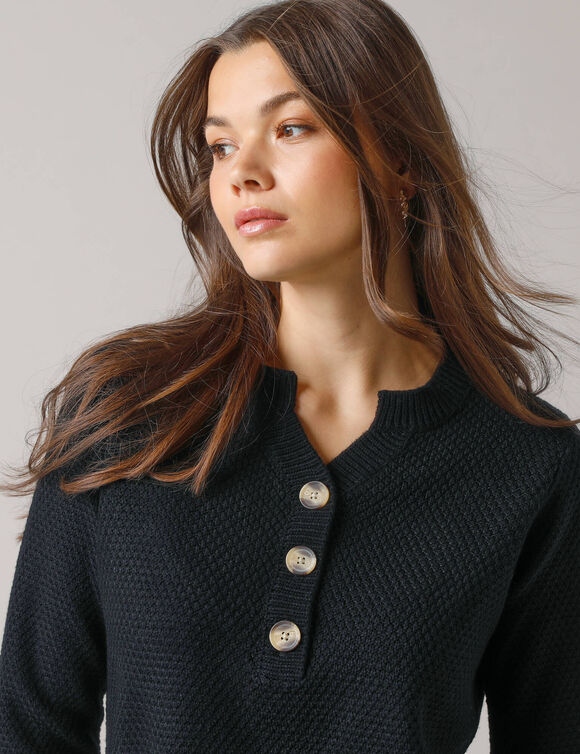 Pull tunique col tunisien, maille fantaisie (zwart)