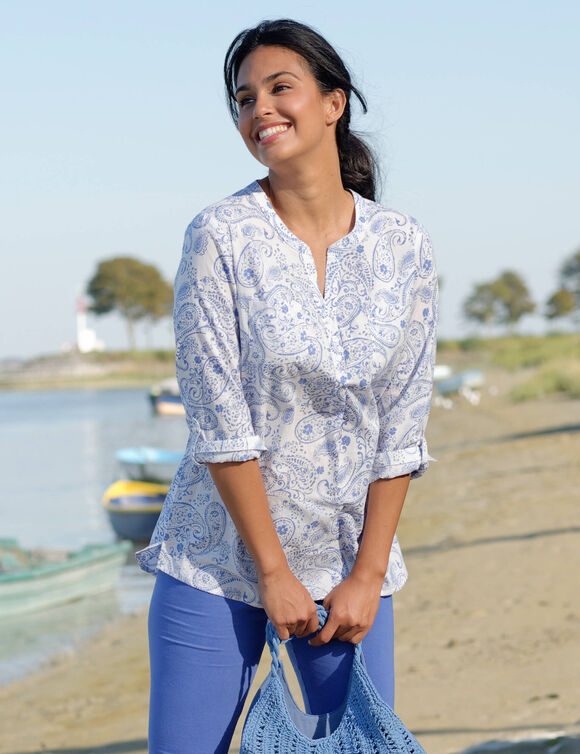 Tunique imprim&eacute; cachemire, manches retroussables (blanc / bleu)