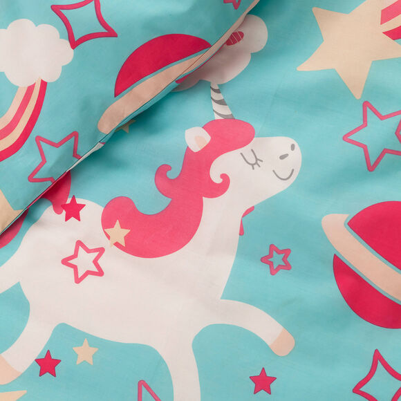 Linge de lit enfant à motif Licorne en coton biologique(**) (bleu)