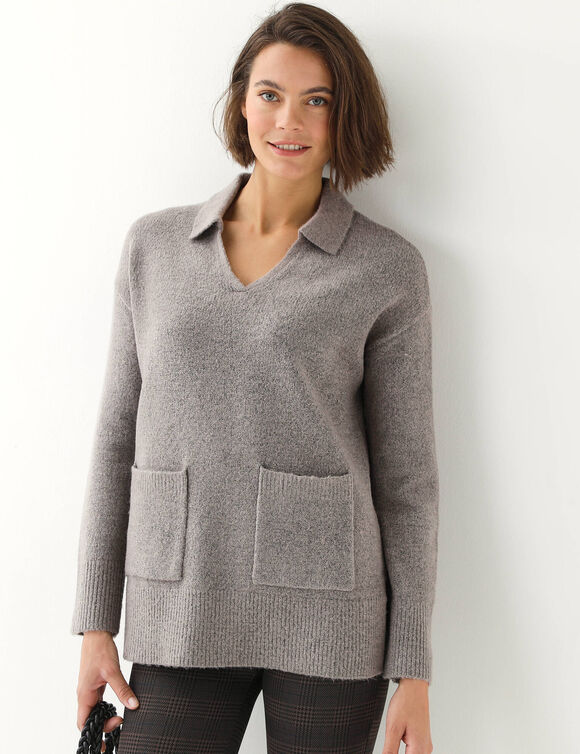 Tuniek-trui met V-hals in polostijl, zacht breiwerk (chin&eacute; beige)