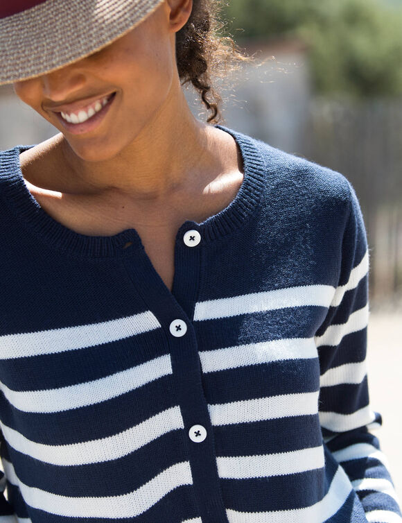 Cardigan ray&eacute; boutonn&eacute; (marine / &eacute;cru)