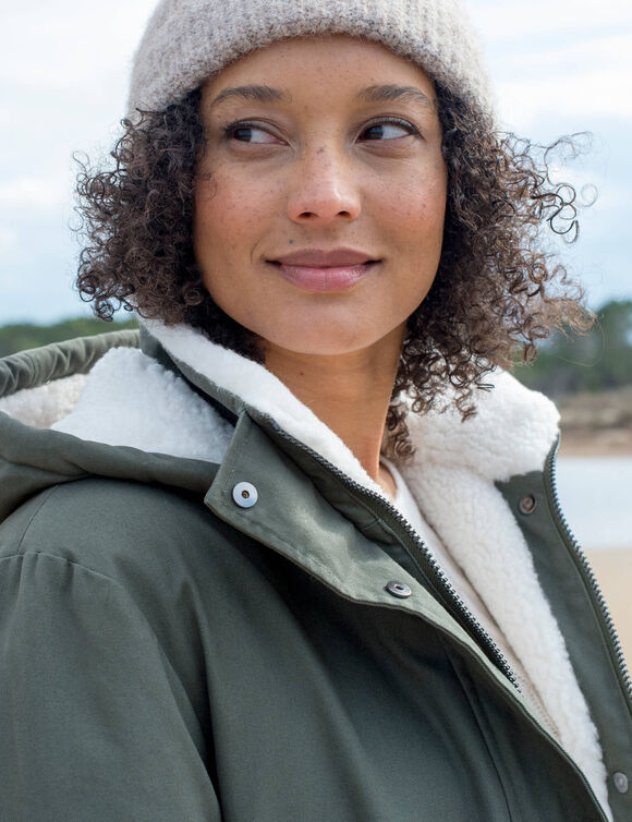 Parka déperlante à capuche, doublée polaire sherpa (kaki)
