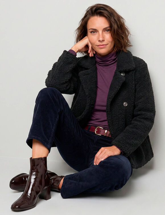 Manteau court maille bouclette col tailleur (noir)