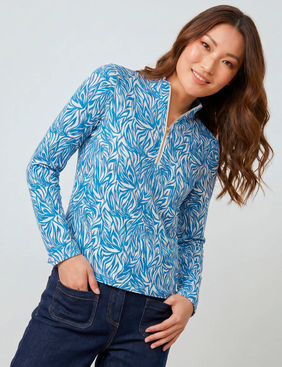 T-shirt col montant zipp&eacute;, manches longues, imprim&eacute; z&eacute;br&eacute; (bleu canard)