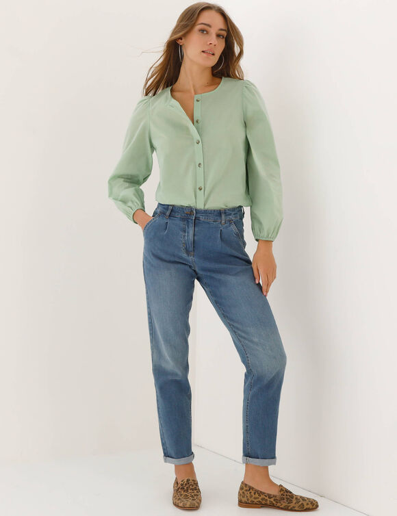 Chemisier uni col rond, manches longues blousantes (vert)