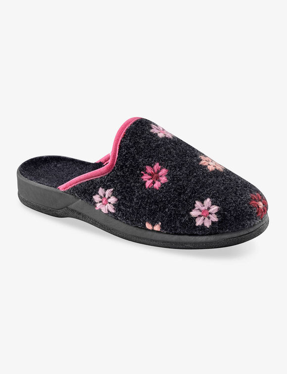 Chaussons mules - brodés fleurs (anthracite)